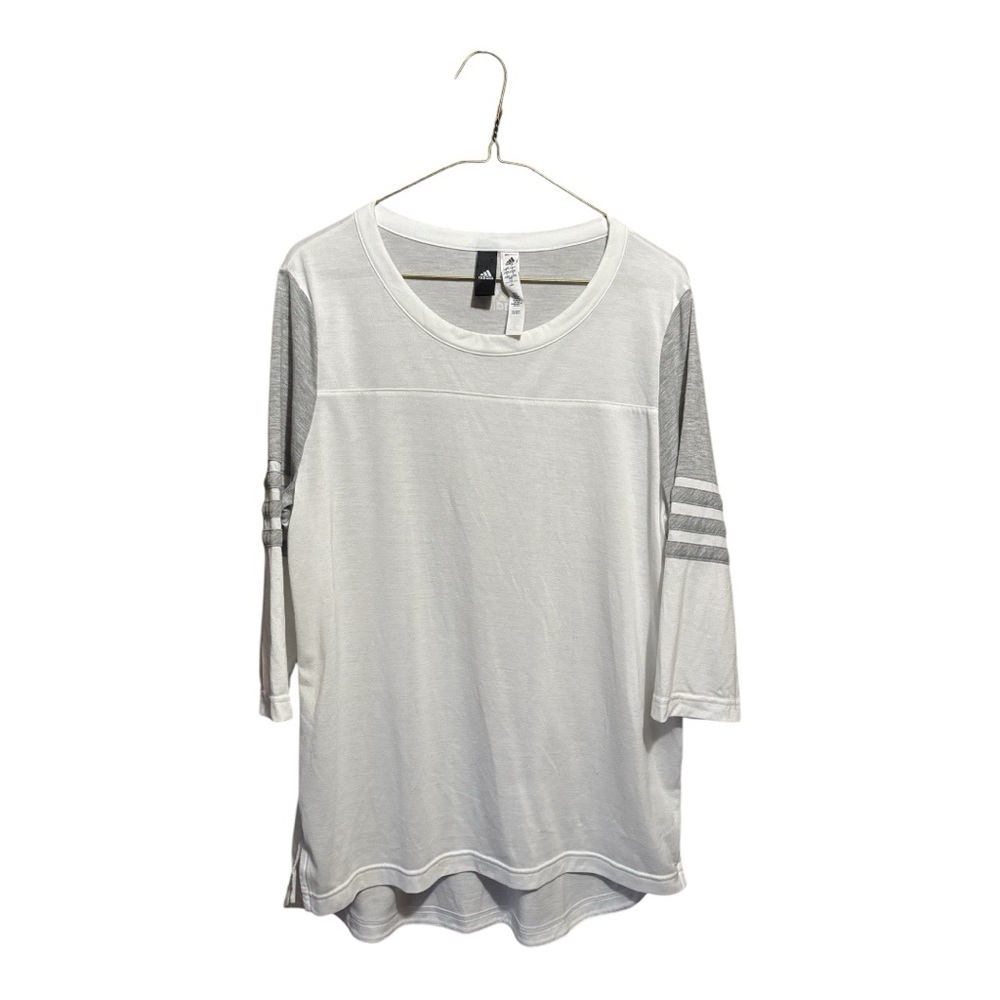 Adidas White and Gray Striped Sleeve Top